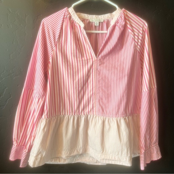 Free Assembly Women's V-Neck Peplum Top with Long Sleeves  S Pink Stripes - Picture 5 of 14